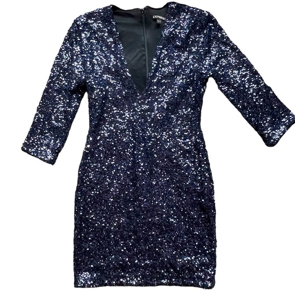 Express | Navy Blue Sequins, Bodycon Mini Cocktail Dress, Size 4 - Picture 3 of 13